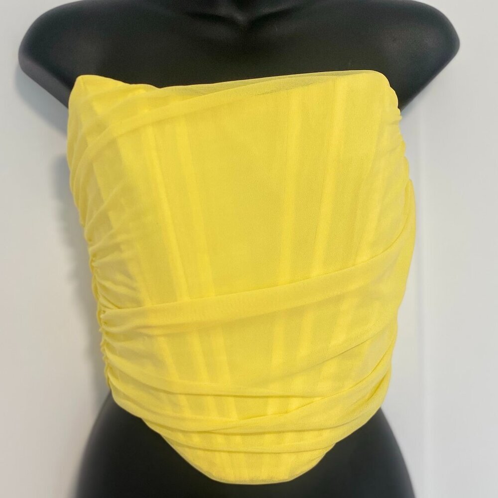 Strapless Yellow Ruched Crop Top - Picture 2 of 11